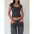 thumbnail image 3 of Lnzyyephy Women T-shirt, Short Sleeve Square Neck Lace Patchwork Bow Summer Tops Streetwear, 3 of 7