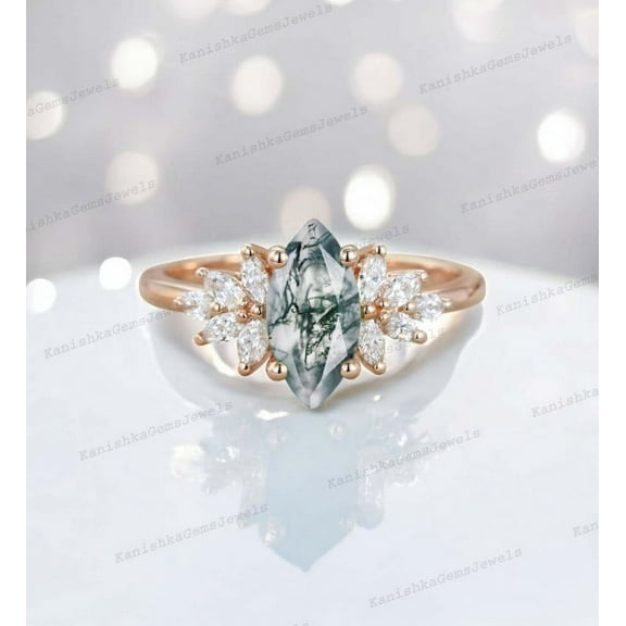 KANISHKAGEMS&JEWELS 2 Ct 9x7 mm / Marquise Cut Moss Agate Ring CZ Diamond Cluster Proposal Ring Valentine's day Gift For Lover
