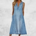 thumbnail image 6 of Women's Casual Denim Dress V Neck Sleeveless Jeans Button Down Midi Dress, 6 of 6