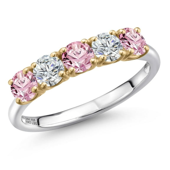 Gem Stone King 925 Silver and 10K Yellow Gold Pink and White Lab Grown Diamond Wedding-Bands Ring for Women | 1.29 Cttw | Round 4MM | Gemstone April Birthstone | Size 5