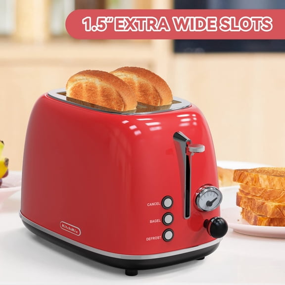 2 Slice Retro Stainless Steel Toaster with 6 Settings, 1.5 In Extra Wide Slots, Bagel/Defrost/Cancel Function, Removable Crumb Tray (Red)