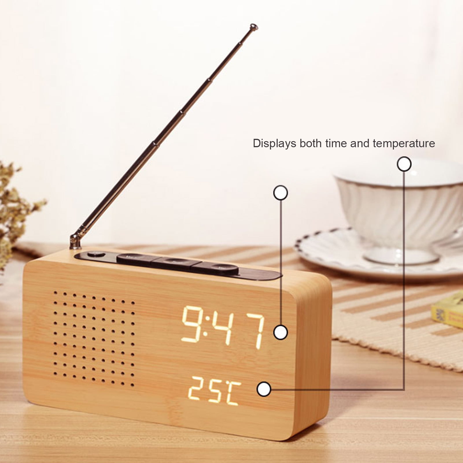Uteam Large Screen Wood Bedside Clock Radio Digital Display Multifunctional Retro Alarm High Definition