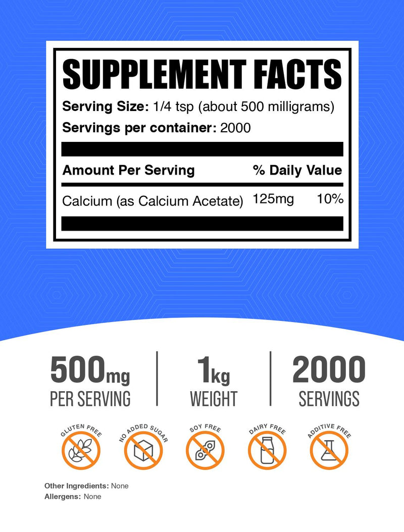 BulkSupplements Calcium Acetate Powder - 500mg per Serving - 1 Kilogram (2.2 lbs) - 2000 Servings