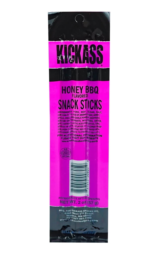 Kickass Honey BBQ Twin Pack Snack Sticks 16ct Case - 32 Jerky Sticks - 2oz Packs of Pork and Beef Jerky Meat Sticks - Beef Sticks Meat Snacks - Amazing Beef Stick