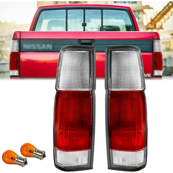 USR 86-97 Hardbody Tail Lights - Rear Tail Lamps Taillight Replacement Assembly Set (Left   Right) Compatible with 1986-1997 Nissan Hardbody D21 Pickup Truck (Red / Clear Lens)