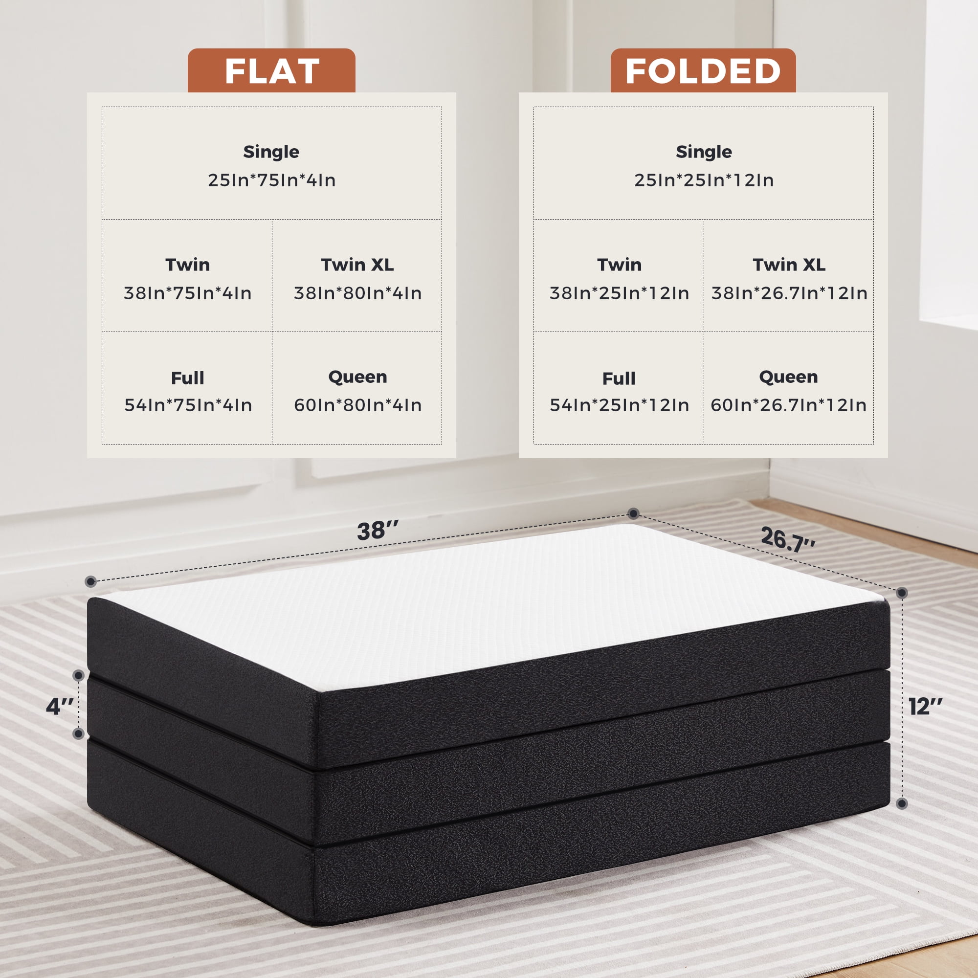 LIFERECORD 4" Twin XL Tri-Fold Memory Foam Mattress, Foldable