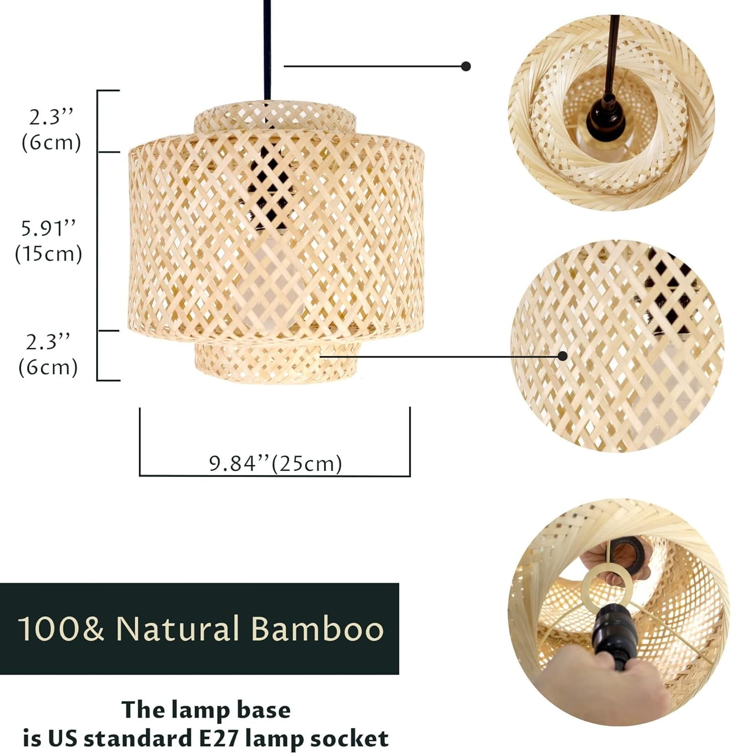 Small Gorgeous Wicker Bamboo Bulb Guard, LAMP Shade ONLY, Natural Wicker Chandelier Bamboo Lamp Shade For Pendant Light, Light Fixtures Ceiling Hanging For Living Room Kitchen (9.8'' x H10.6'')