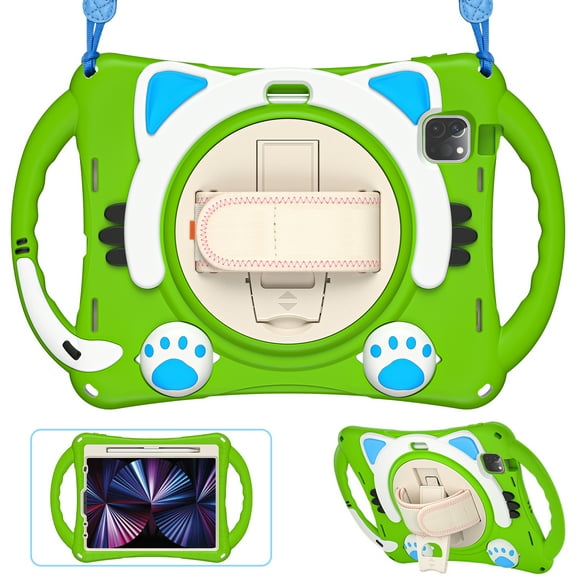 ELEHOLD Kids Case for iPad Pro 11 2022/2021/2020/2018 Air 5th/4th Gen Cute Cat Design Heavy Duty Rugged Case with Kickstand Handstrap Shoulder Strap Pencil Holder Shockproof Case ,Green