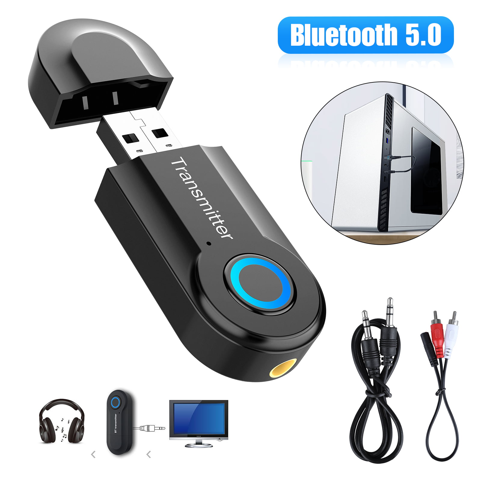 Bluetooth Adapter Audio,AUX Bluetooth Adapter 5.0 Bluetooth Empfänger Transmitter 2 in 1 Audio Adapter mit Aux 3.5 mm RCA TV Bluetooth Sender Empfänger 5.0 für PC,TV,Smartphone,Tablet 