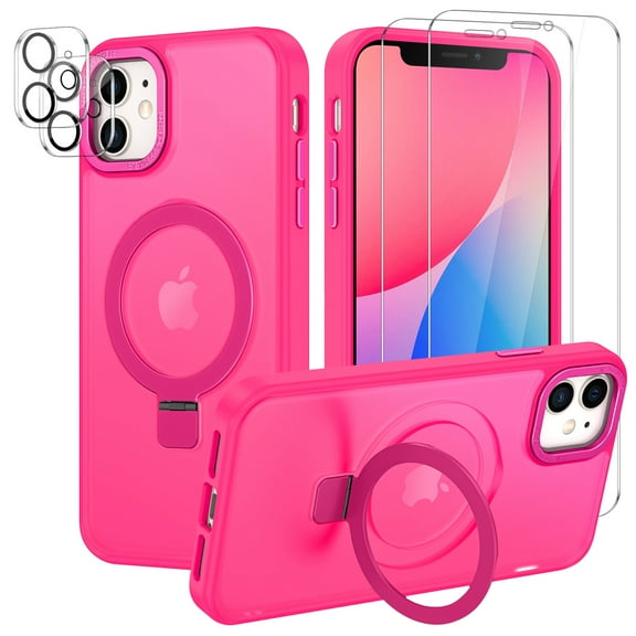 CASEFIV for iPhone 11 Case,with Magnetic Invisible Stand [Military Drop Protection] [Compatible with MagSafe] Shockproof Slim Translucent Anti-Slip with 2 Screen Protector 2 Lens Protector,Rose Red