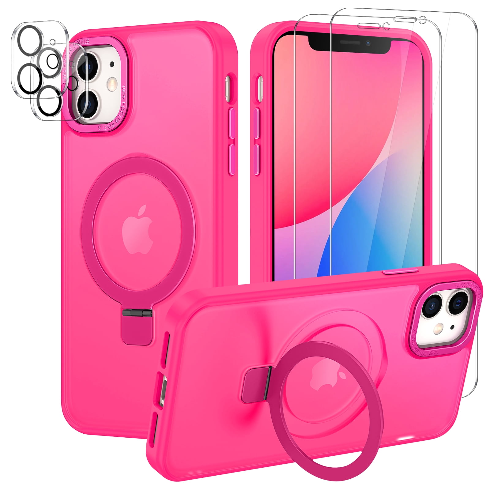 CASEFIV for iPhone 11 Case,with Magnetic Invisible Stand [Military Drop Protection] [Compatible with MagSafe] Shockproof Slim Translucent Anti-Slip with 2 Screen Protector+2 Lens Protector,Rose Red