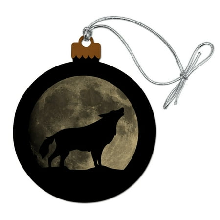 Silhouette Christmas Ornaments Wolf Howling Moon Silhouette Wood Christmas Tree Holiday Ornament ()