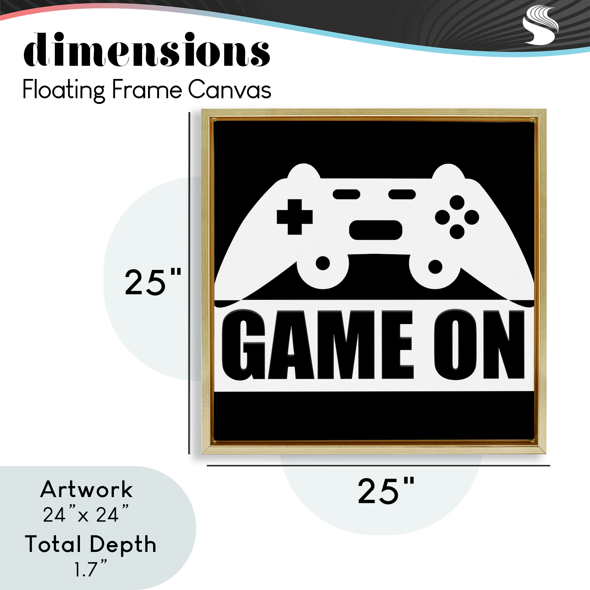 Game On Retro Black & White Gold Framed Floater Canvas Wall Art, design by Kim Allen