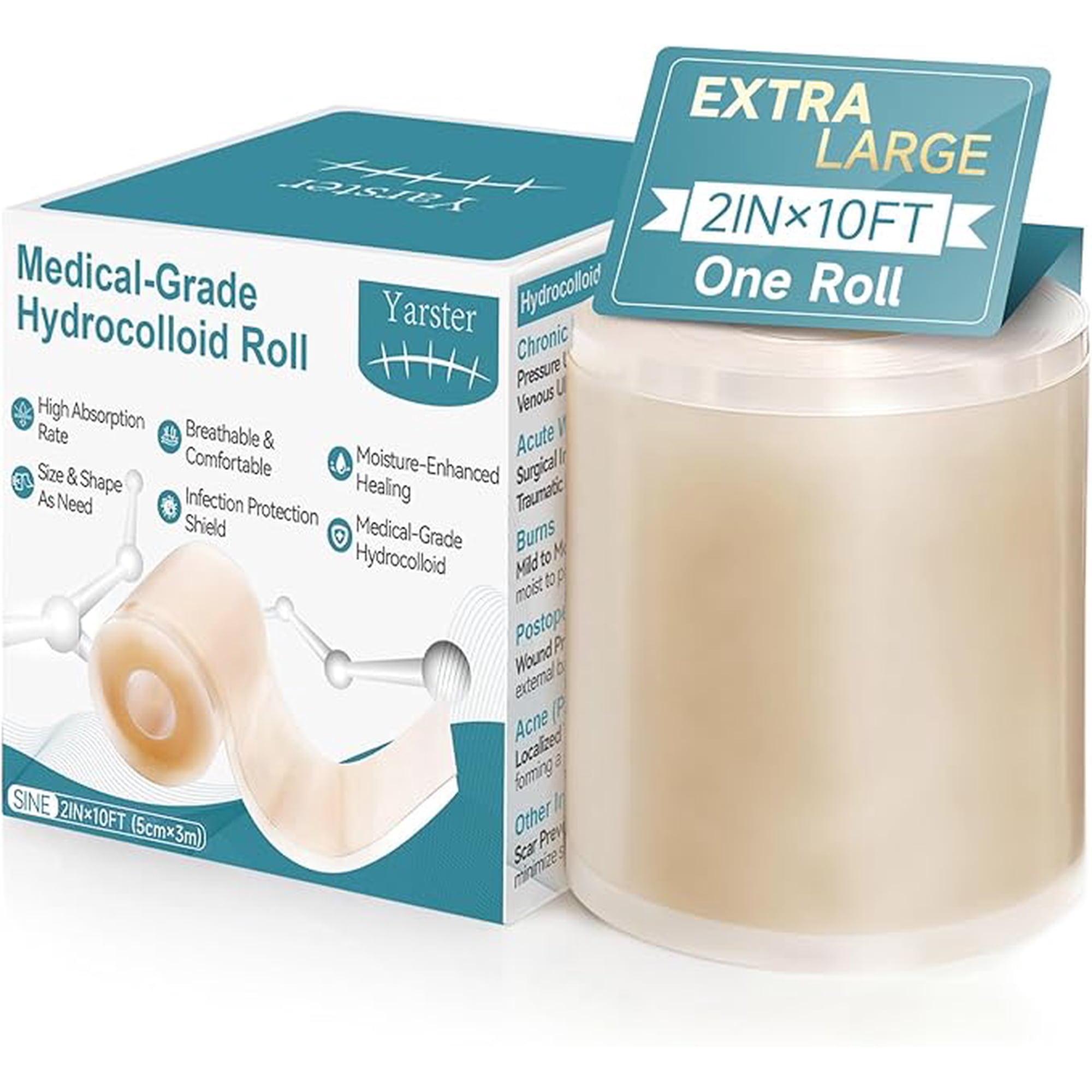 Hydrocolloid Roll for Wound Care, Extra Large Self-Adhesive Hydrocolloid Bandages, Cut-to-Size Patch, Ultra Absorbent & Waterproof, First Aid Kit Essential (2in*10ft)