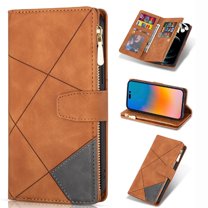 Case for iPhone 14 Plus Zipper Wallet Case, Large Capacity Card Slots Cash Hoider Zipper Pocket Premium PU Leather Flip Cover with Wrist Strap Magnetic Clasp Kickstand Shockproof Case,Brown