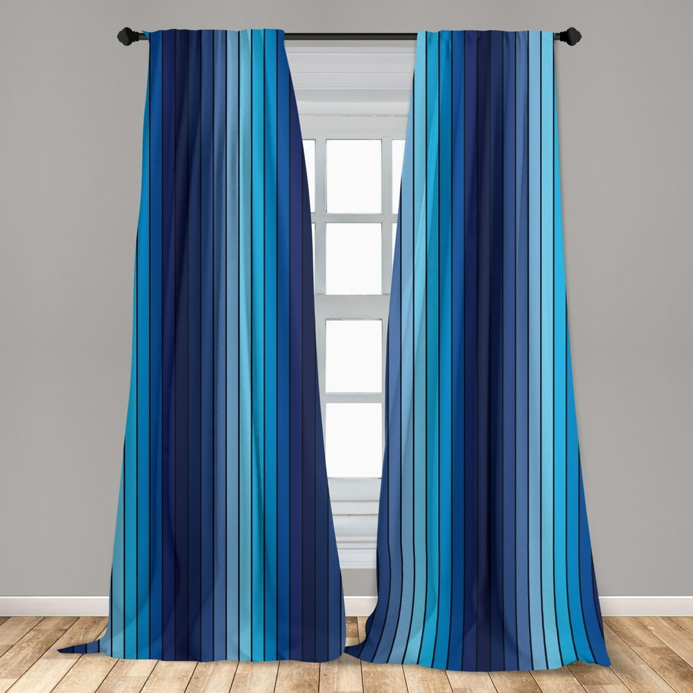 Navy Curtains 2 Panels Set, Plaques in Blue Tones with Border Lines