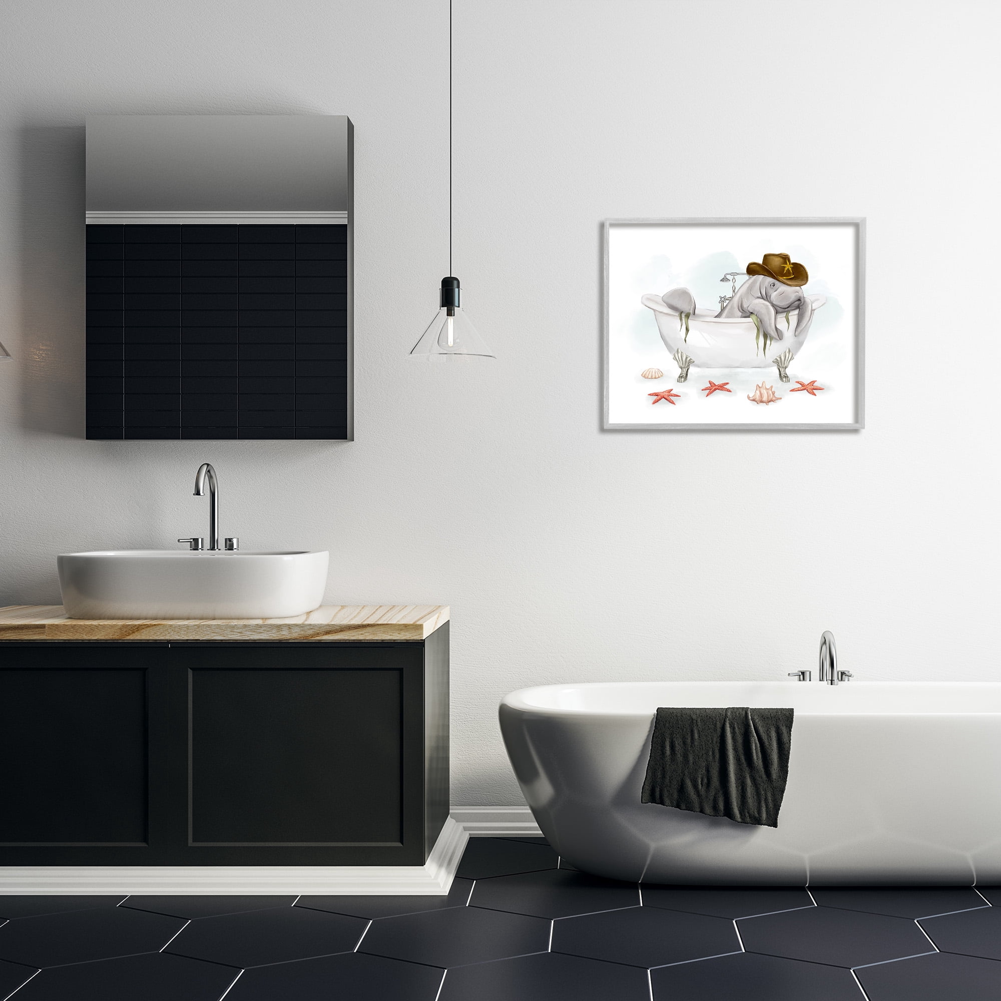 Stupell Industries Cowboy Manatee in Tub Animals & Insects Painting Gray Framed Art Print Wall Art, 30 x 24
