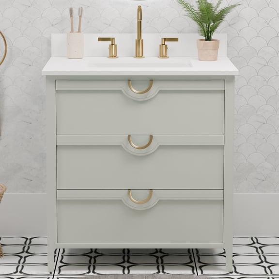 Yulan 30" Freestanding Single Bathroom Vanity, 31"W x 22" D Pure White Quartz Top with Sink & Backsplash, Sage Green Solid Wood Pre-Assembled with 3 Soft Close Drawers & Adjustable Feet