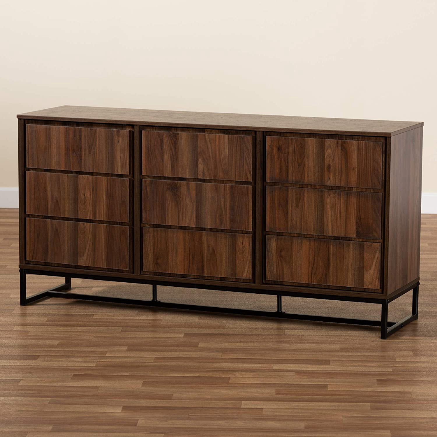 Baxton Studio Neil Modern and Contemporary Walnut Brown Finished Wood and Black Finished Metal 3-Door Dining Room Sideboard Buffet