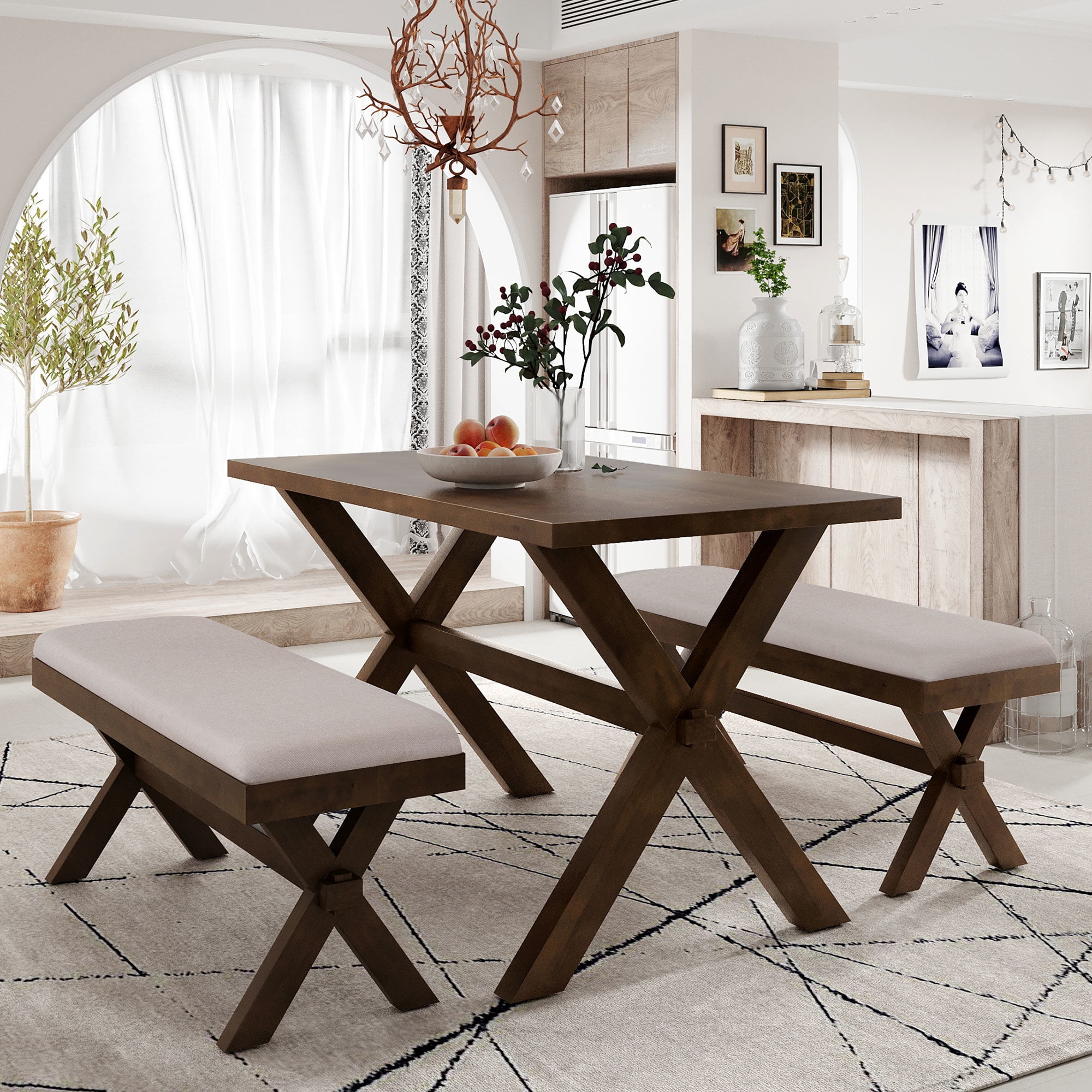 CLFHome 3 Pieces Farmhouse Rustic Wood Kitchen Dining Table Set with 2