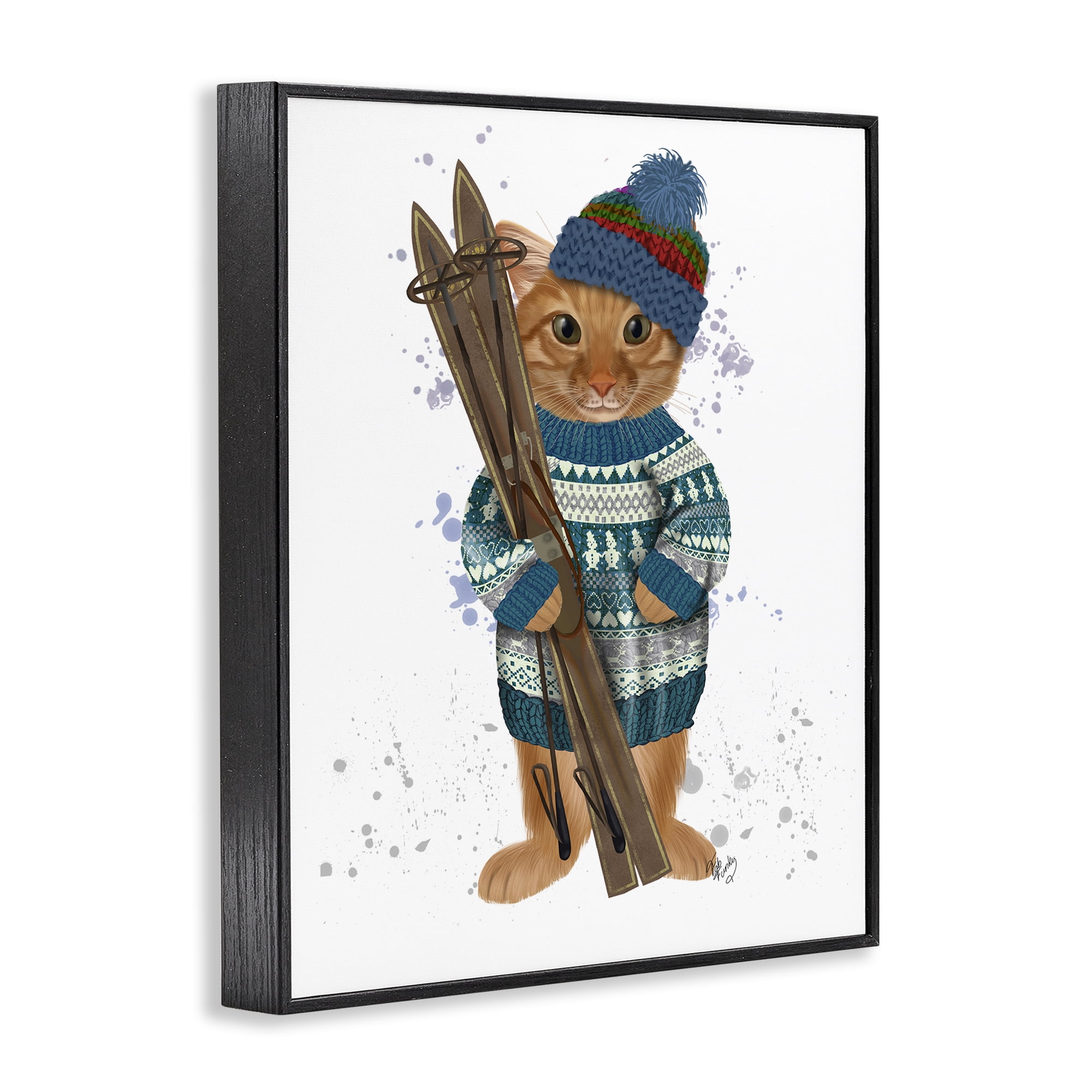 Stupell Industries Cat with Winter Skis Animals & Insects Painting Black Framed Art Prints Wall Art, 24 x 30