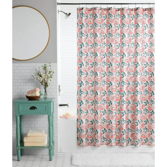 Mainstays Block Floral 13 Piece Shower Curtain and Hook Set, 72 x 72, Coral