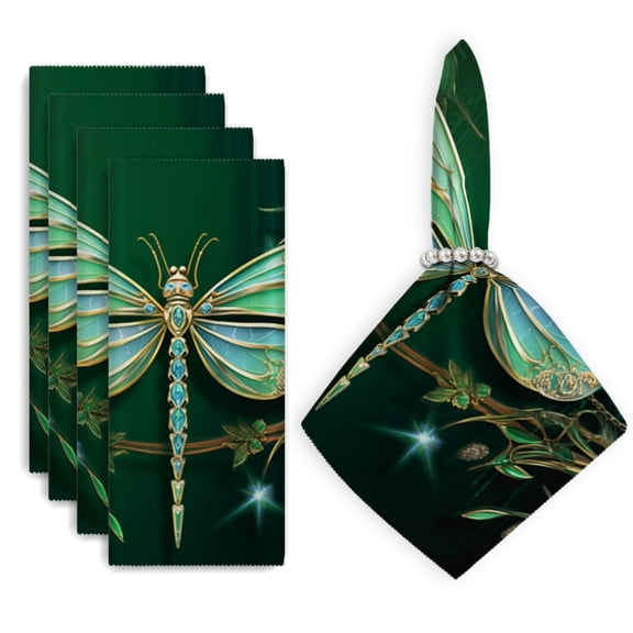 Bahomeck Cloth Napkins Set Of 4,18*18 Inch Washable Polyester Napkins Dining Table Napkins Weddings Party Dinner Parties(Dragonfly Made Of Emerald Green Gemstones And Gold)