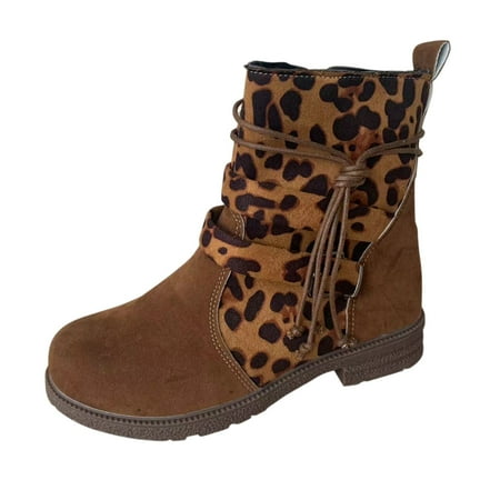 

Women s Boots Ankle Leopard Low Heel Round Toe Side Zipper Fashion Boots