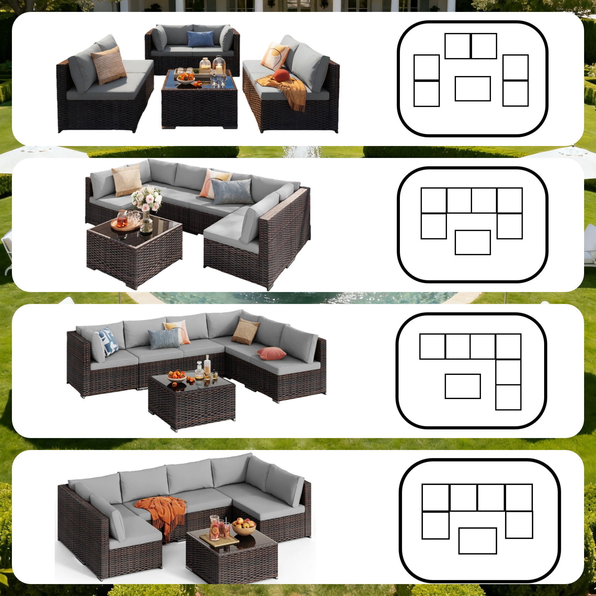 Patio Furniture Set, 7 Pieces Outdoor Conversation Set with Rattan Sectional Sofa, Glass Bistro Coffee Table for Garden Backyard, Gray Removable Cushion