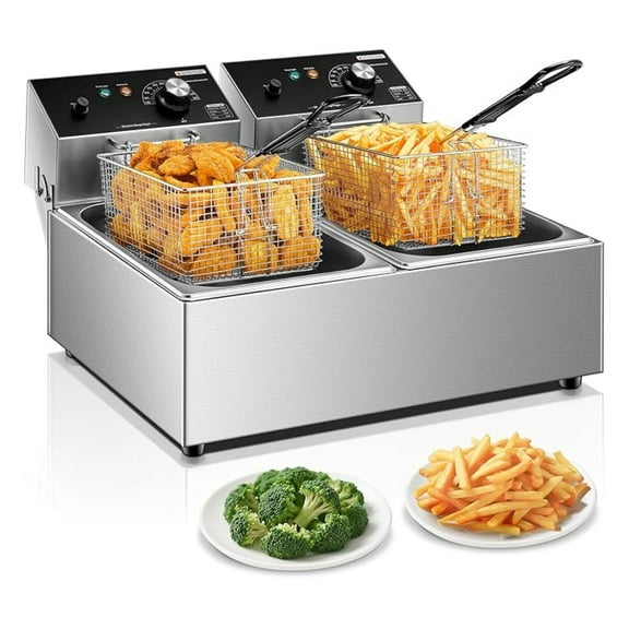 Deep Fryer with Basket, 3400W 20.7QT/19.6L Electric Deep Fryer with 2 x 6.35 QT Removable Baskets, Stainless Steel Countertop Fryer for Restaurant or Home Use