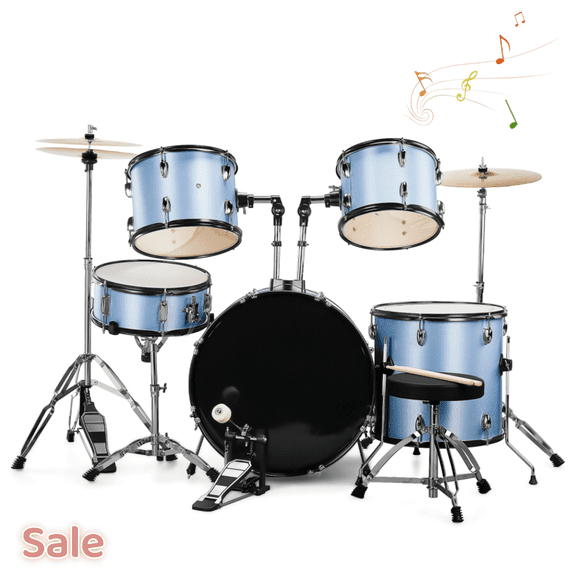 Tcbosik Drum Set for Adults, 5-Piece Beginner Drum Kit with Bass Drum, Snare Drum, Floor Tom, Ride Cymbal, Hi-hat Cymbals, Drum Pedal, Stool, Sticks and 2 Tom Drums, Blue