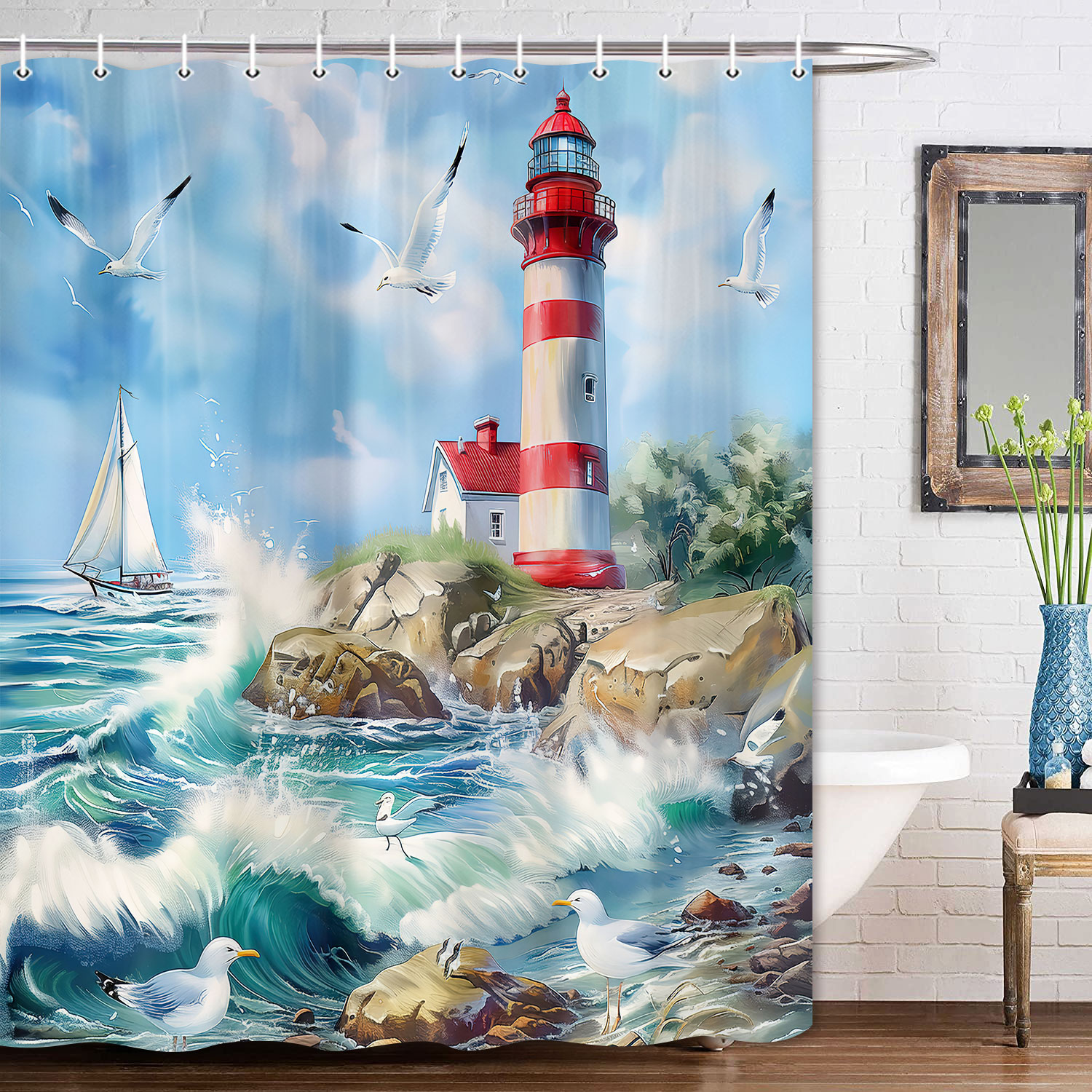 Lighthouse Shower Curtain,Ocean Wave Beach Seagull Shower Curtain for Bathroom Decor,Nautical Sailboat Blue Sky Lighthouse Cottage Bath Curtains,Washable Fabric Bathroom Decor with Hooks 70X70in