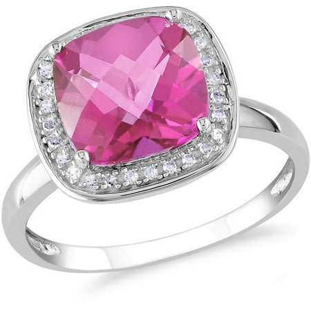 3-4/5 Carat T.G.W. Cushion Checkerboard Pink Topaz and 1/10 Carat T.W. Diamond Cocktail Ring in 10kt White Gold