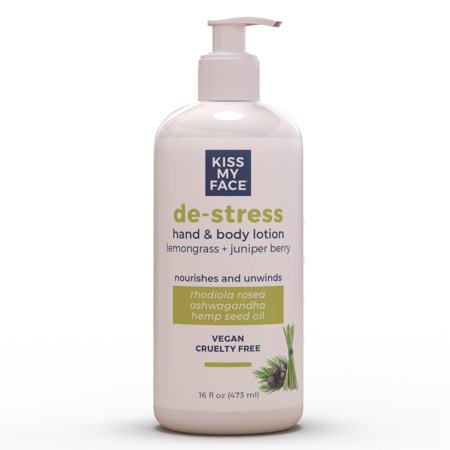 Kiss My Face De-Stress Hand & Body Lotion - Lemongrass + Juniper Berry - Soothing Rhodiola Rosea - With Hemp Seed Oil & Ashwagandha - Vegan & Cruelty-Free - 16 fl oz Bottle