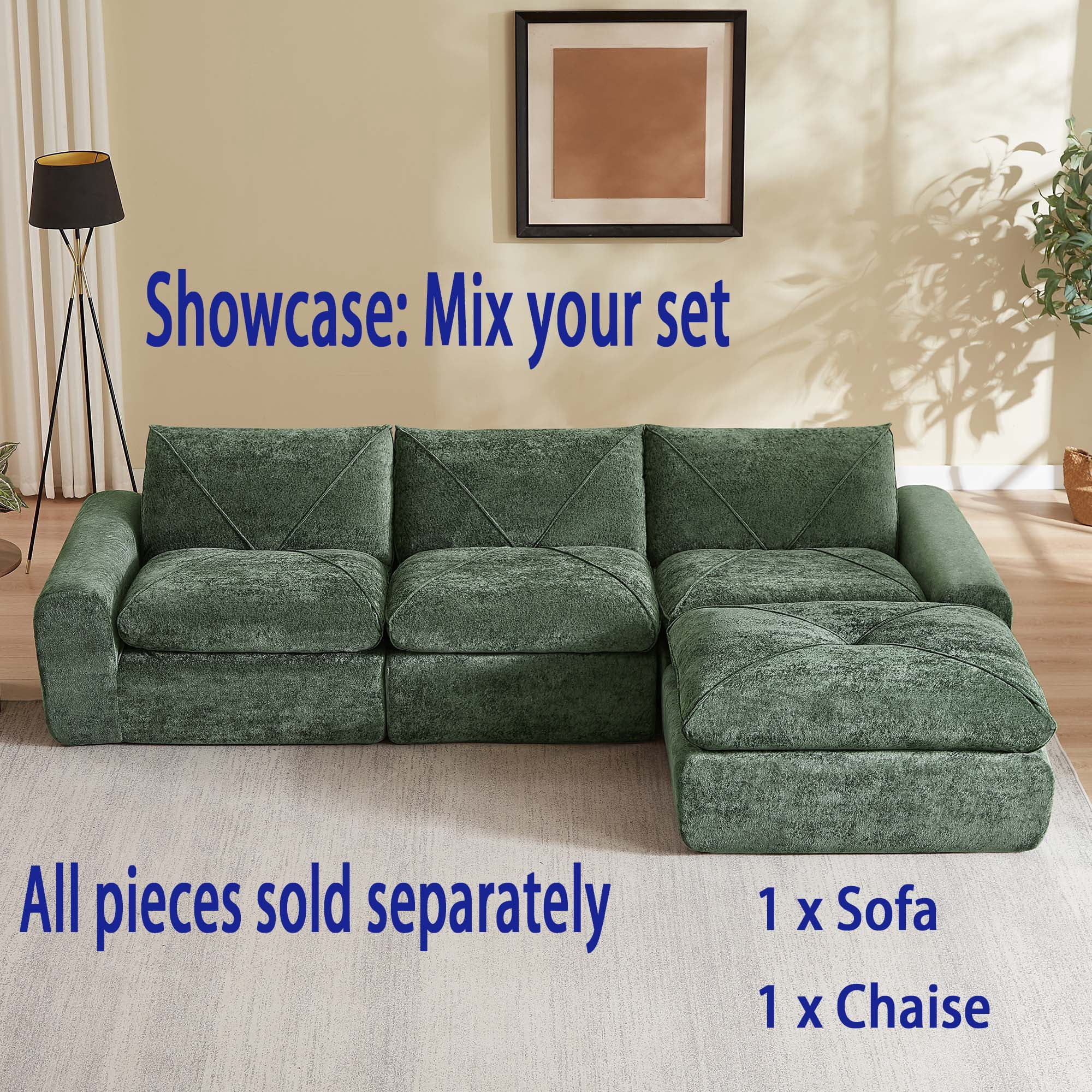 Miniyam 84" x 34" Green Left or Right Facing Chaise Lounge, Modular Add-On to Build L-Shape or U-Shape Sectional Sofa