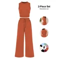 thumbnail image 2 of Womens Ribbed Knit Two Piece Lounge Set Sleeveless Crew Neck Crop Top and Wide Leg Pants Matching Outfit, 2 of 9