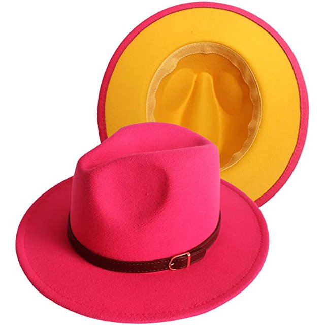Sombrero Fedora de lana de ala ancha clásico de dos tonos para mujer, sombrero de Panamá flexible de colores de patchwork de fieltro con hebilla de cinturón M (56-58cm) JAMW Sencillez