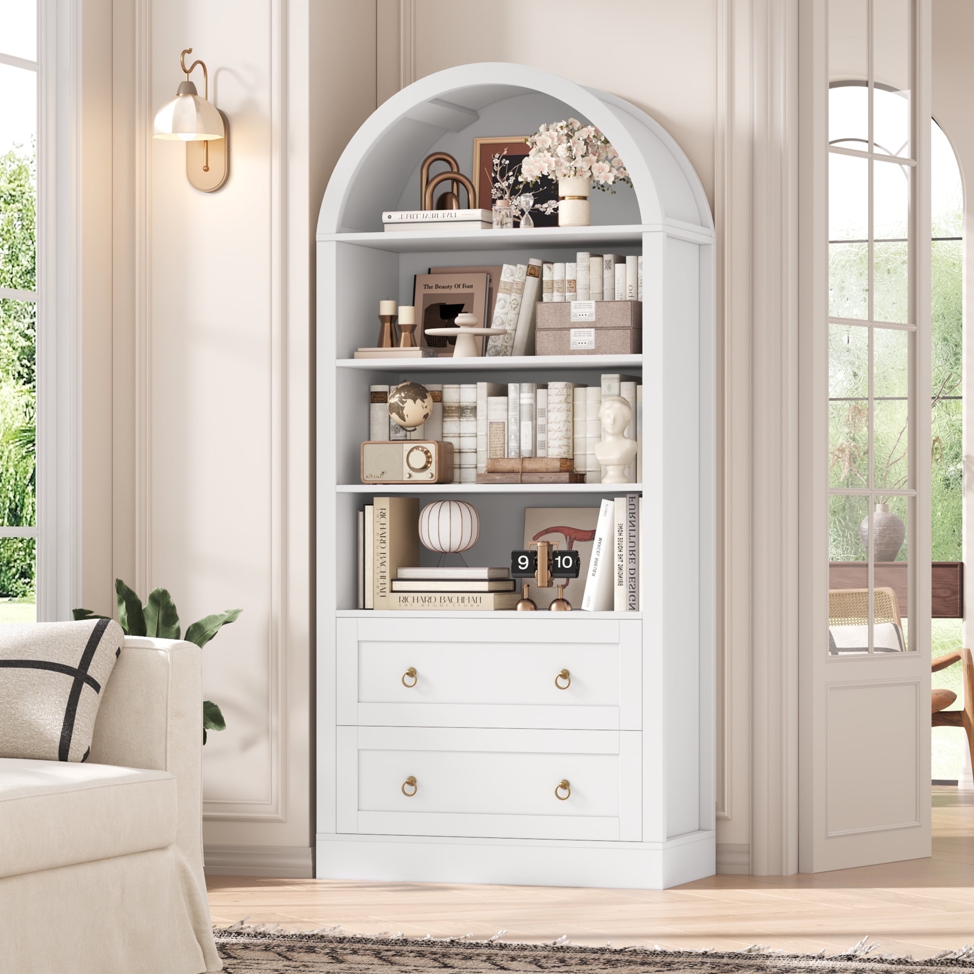 Hiphuta 70"Tall Arched Bookcase, 4-Tier Bookshelves with 2 Large Drawers, Wooden Display Shelf with Storage for Living Room Home Office, White