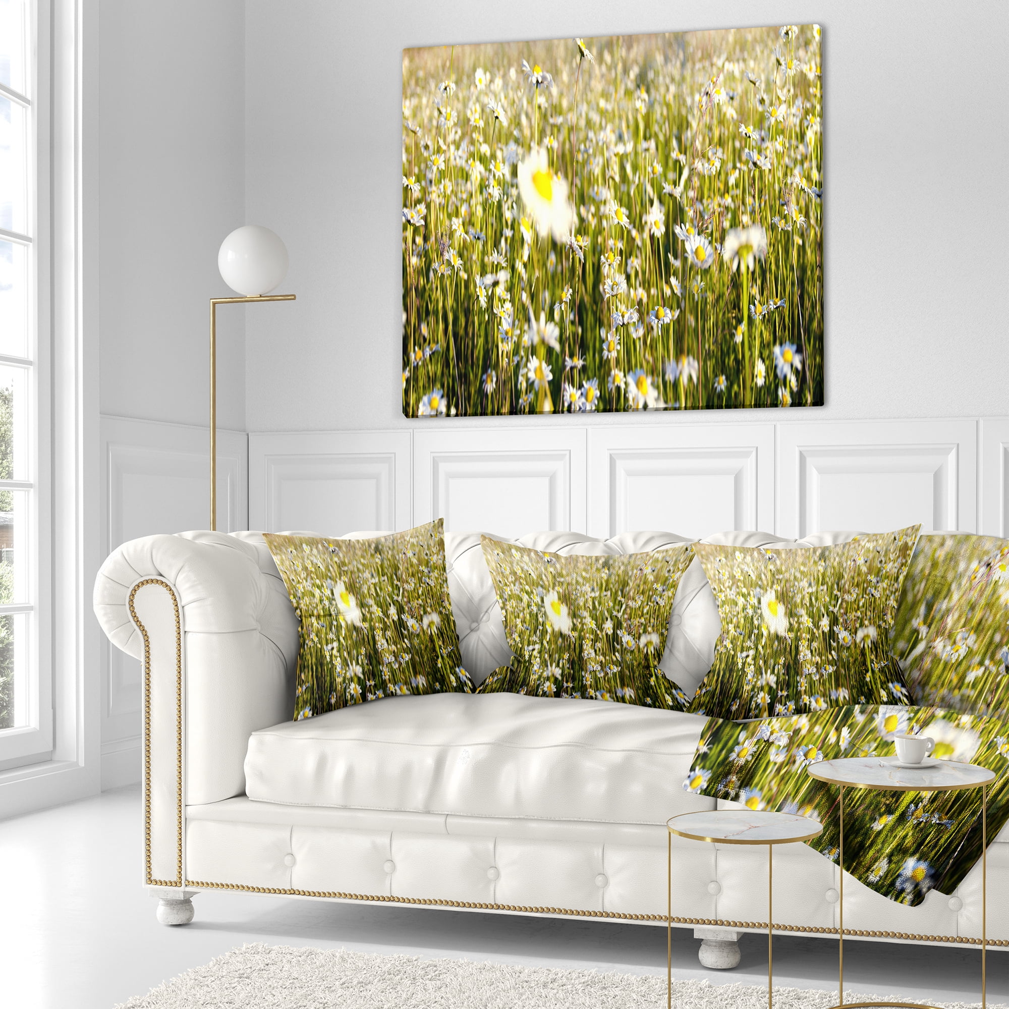 Designart Wild Chamomile Flowers Field - Flower Throw Pillow - 16x16
