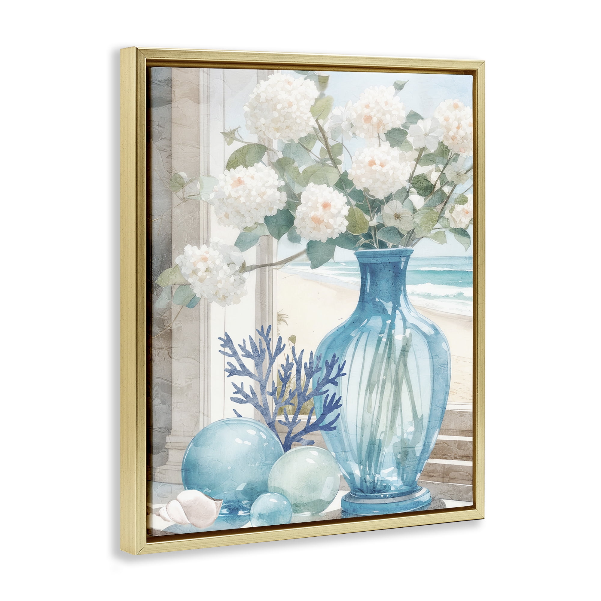 Stupell Industries Sea Glass & Coral Botanical & Floral Painting Gold Floater Framed Art Print Wall Art, 25 x 31