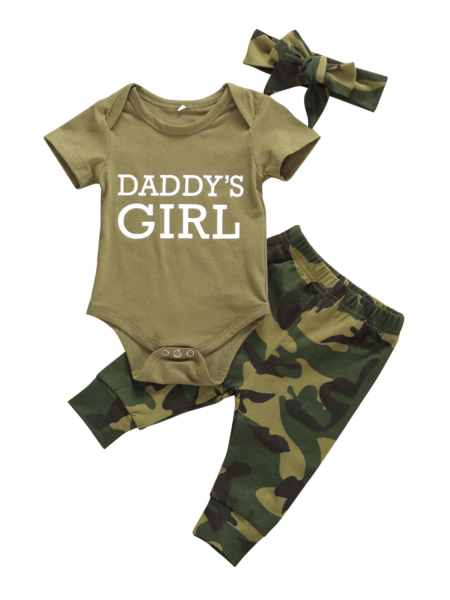 Infant Baby Girl Clothes Set Letters Print Romper Bodysuit and Camouflage Pants Fall Outfits Set 