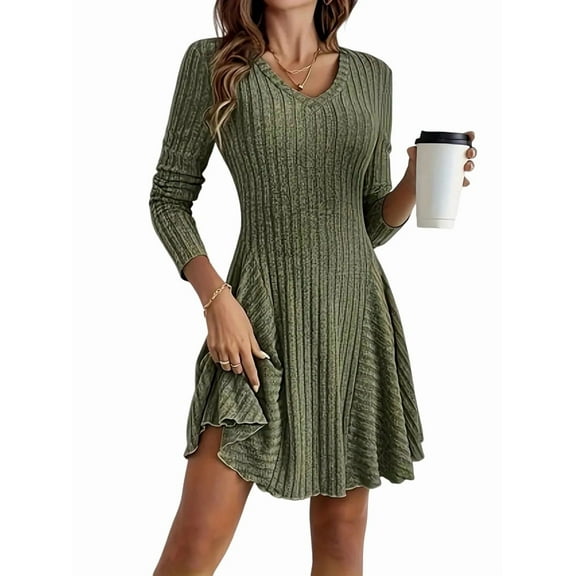 Women Long Sleeve Ribbed Knit Short Dresses Fall Winter V Neck Casual Swing A Line Sweater Dress