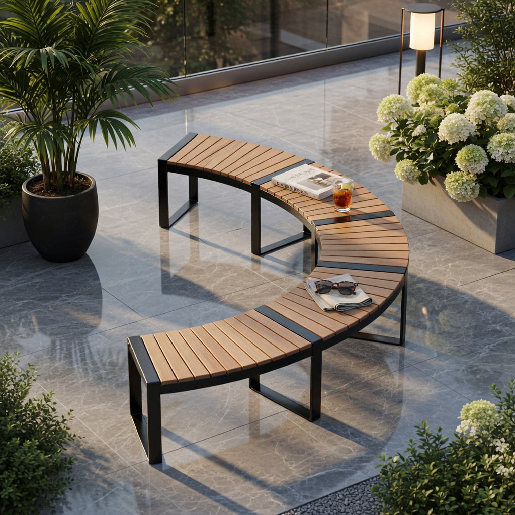 Hommoo 2-Piece Curved Patio Bench Set, Acacia Wood Slatted Seat with Powder-Coated Metal Legs, Outdoor Seating for Backyard, Poolside & Balcony, Yellow