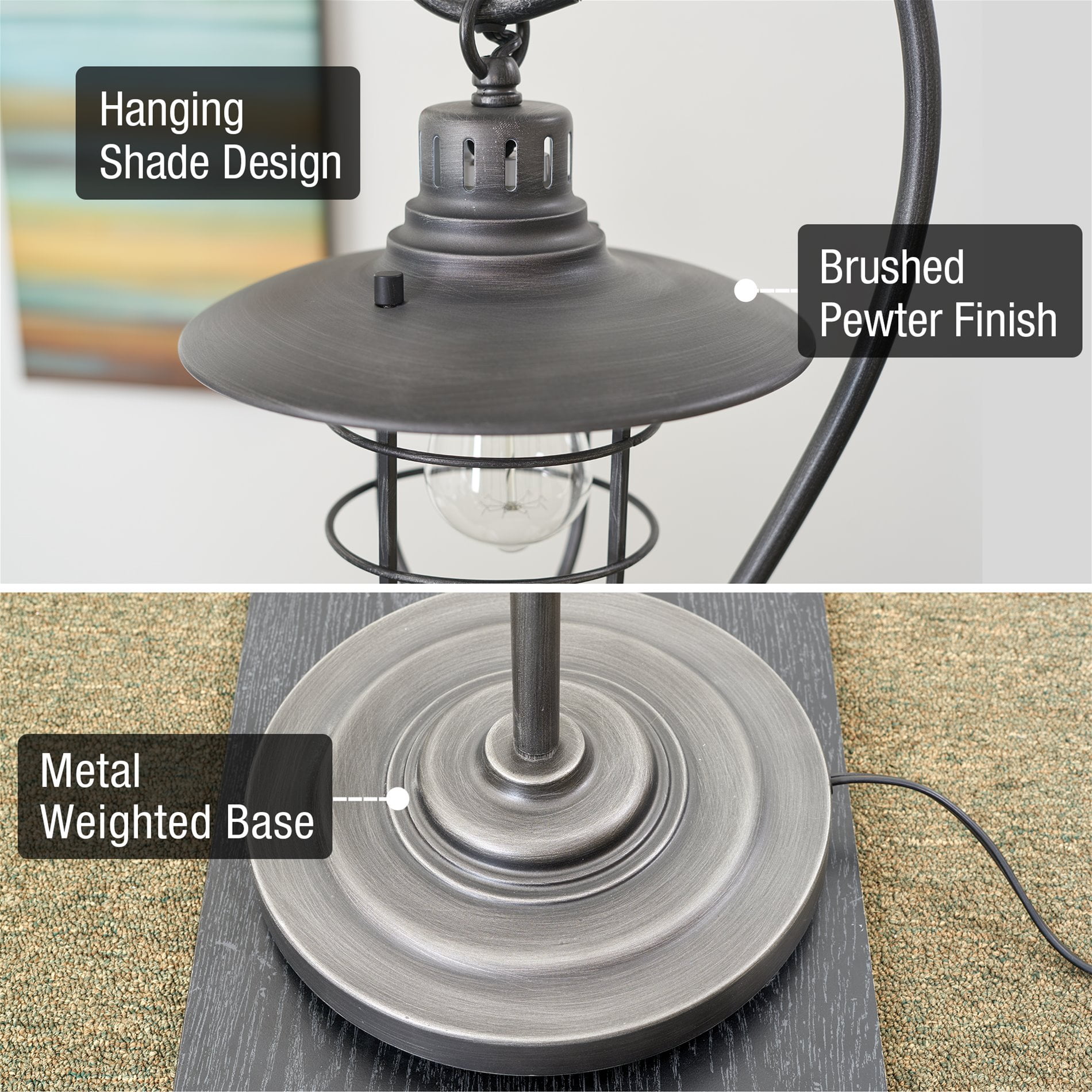 Kira Home Lantern 58" Nautical Floor Lamp + 6W Bulb ( / ), Hanging Shade Design + Cage, Brushed Pewter