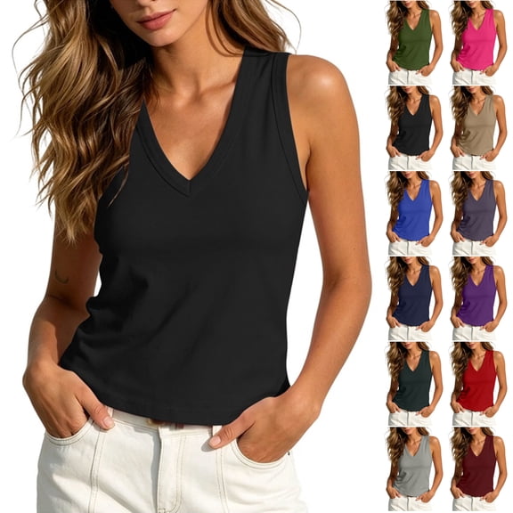 TGSLY Deep V Neck Tank Tops for Women Lightweight Soft Solid Color Regular Length Vest Dressy Casual Wide Strap Sleeveless Shirts XXL