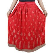 Mogul Women's Red Long Skirt Golden Sari Border Printed Elastic Waist Skirts