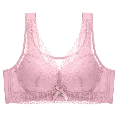 Riecok Daily Bra Spaghetti Straps Basic Bralette Full Coverage Soft Bras Lingerie Lace Bras for Women Plus Size Lace Bras for Women Plus Size Bra Solid Lace V Neck 2XL Pink