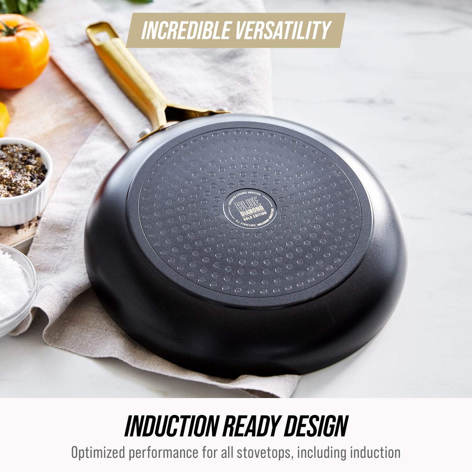 Blue Diamond 14-Piece Ceramic Nonstick Cookware Set – Induction Ready, Gold Handles, Dishwasher Safe, Black