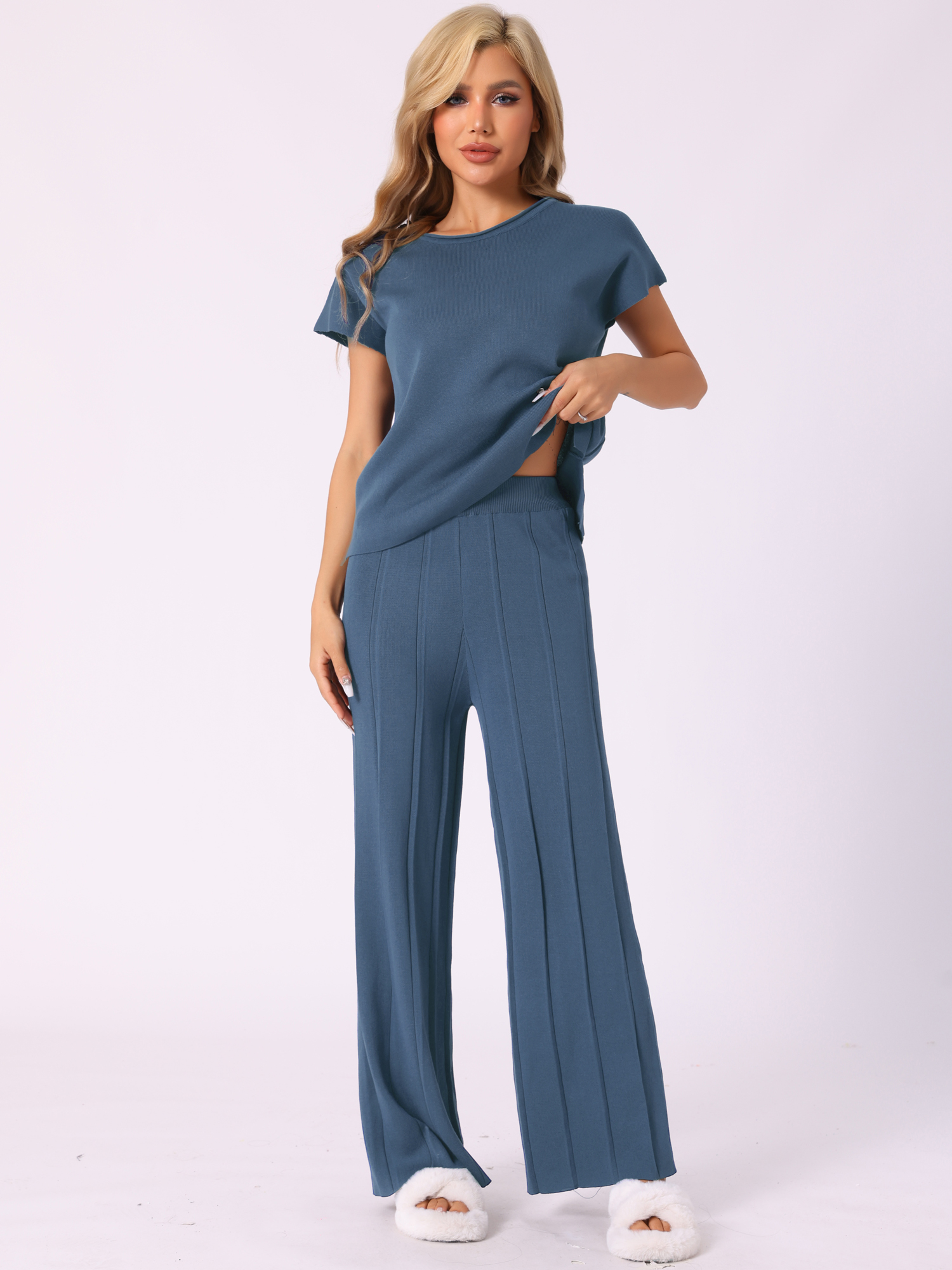 DARING DIVA Women's 2-Piece Short Sleeve Tops Wide Leg Pants Sets XS Blue