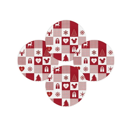 Christmas Round Placemats Set of 4 Red Buffalo Plaid Place Mats Washable Woven Placemat Elk Reindeer Deer Snowflake Circle Braided Table Mat for Kitchen Dining Table Party Home Decor 15 Inch